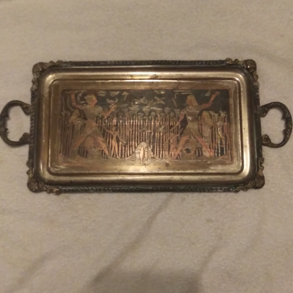 Antique Vintage Egyptian Hieroglyphs Souvenir Tray Copper Brass Silver 17"